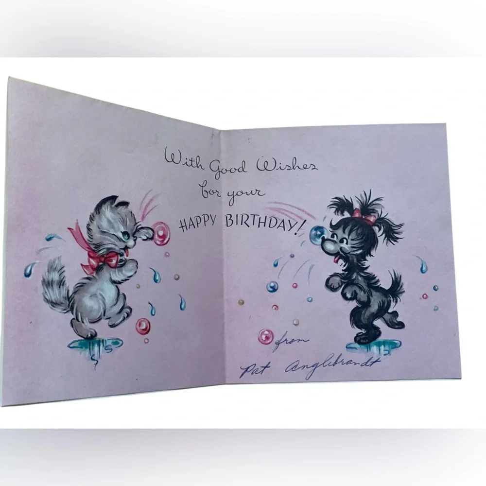 Vintage, 1950 Era Birthday Card Kitten & Puppy Bath Time “Just Bubbling Over”